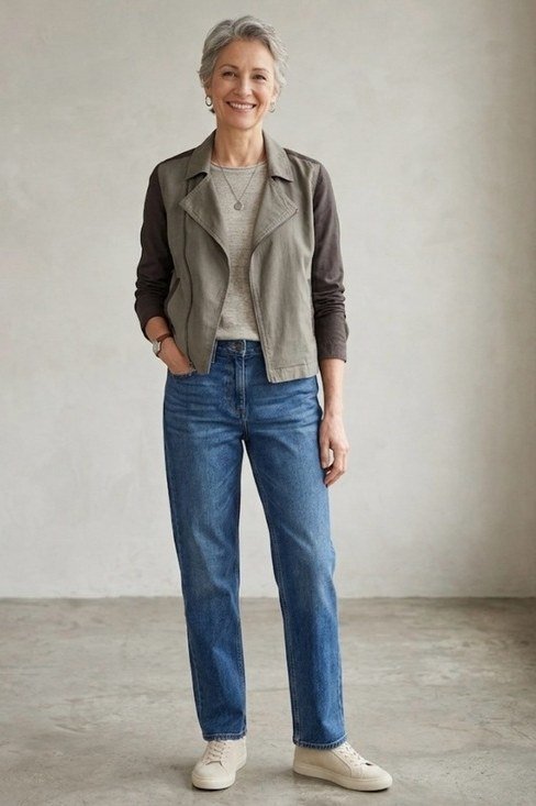 Woman over 50 wearing grey blazer with blue jeans, everyday casual outfit idea