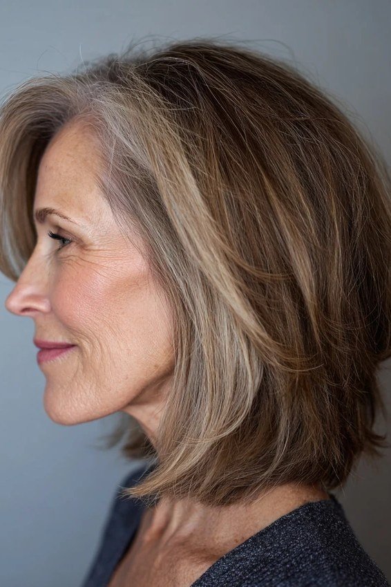 Brunette sleek bob with a polished blowout in profile for women over 60