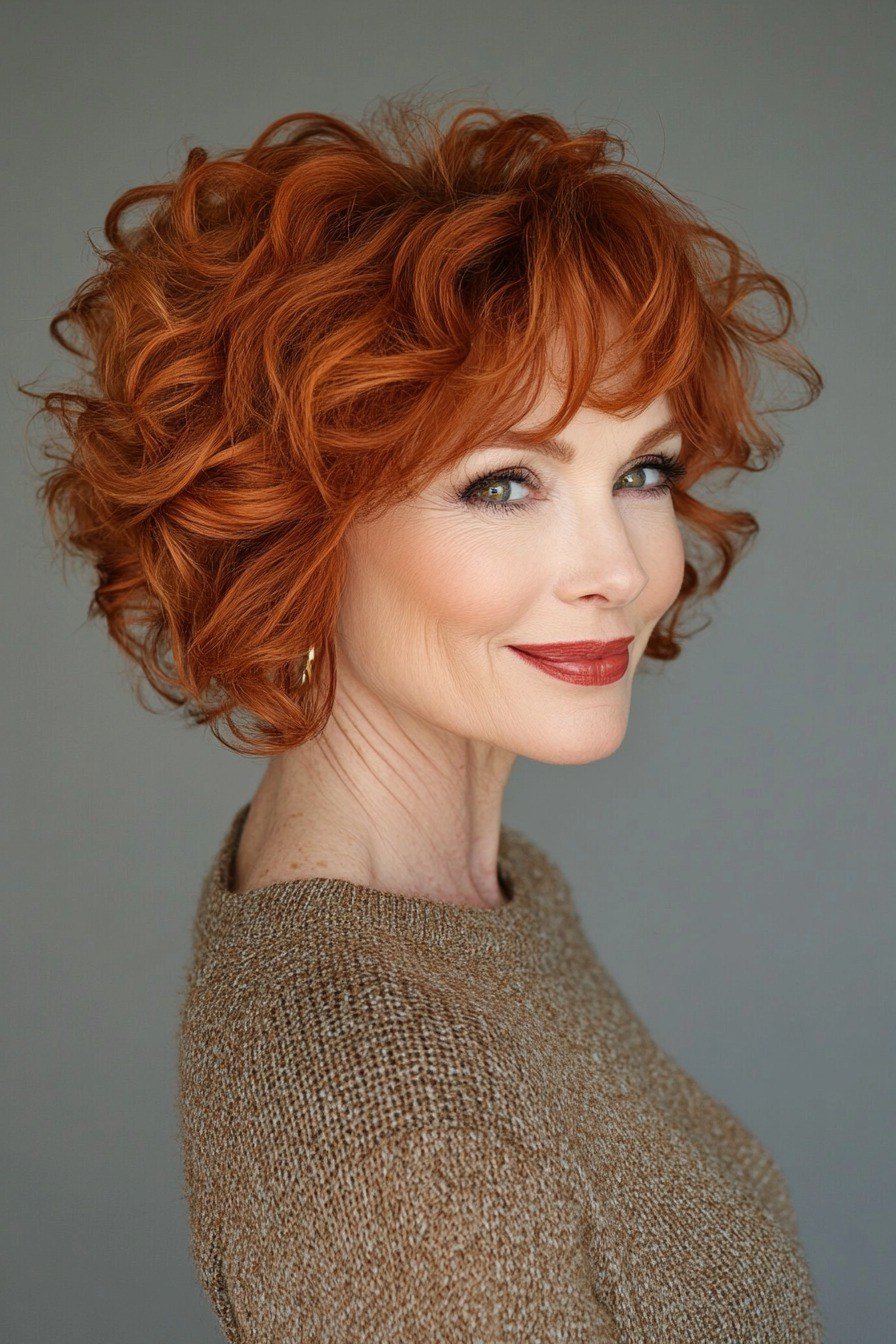 Warm copper curly lob, three-quarter view, older woman