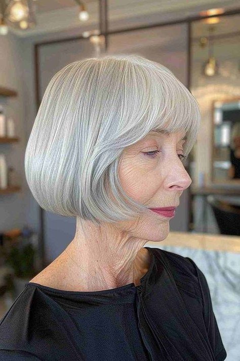 White bob with side bangs for mature women