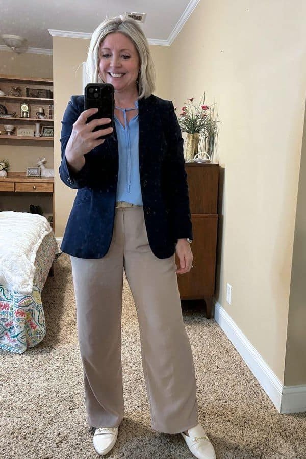 Green Plaid Jacket with Dark Jeans on a woman over 50, fall outfit idea