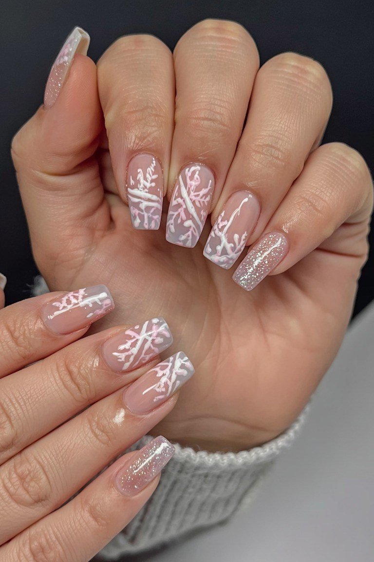 Pink Nails with White Snowflake Art, fun winter nail idea for women over 60