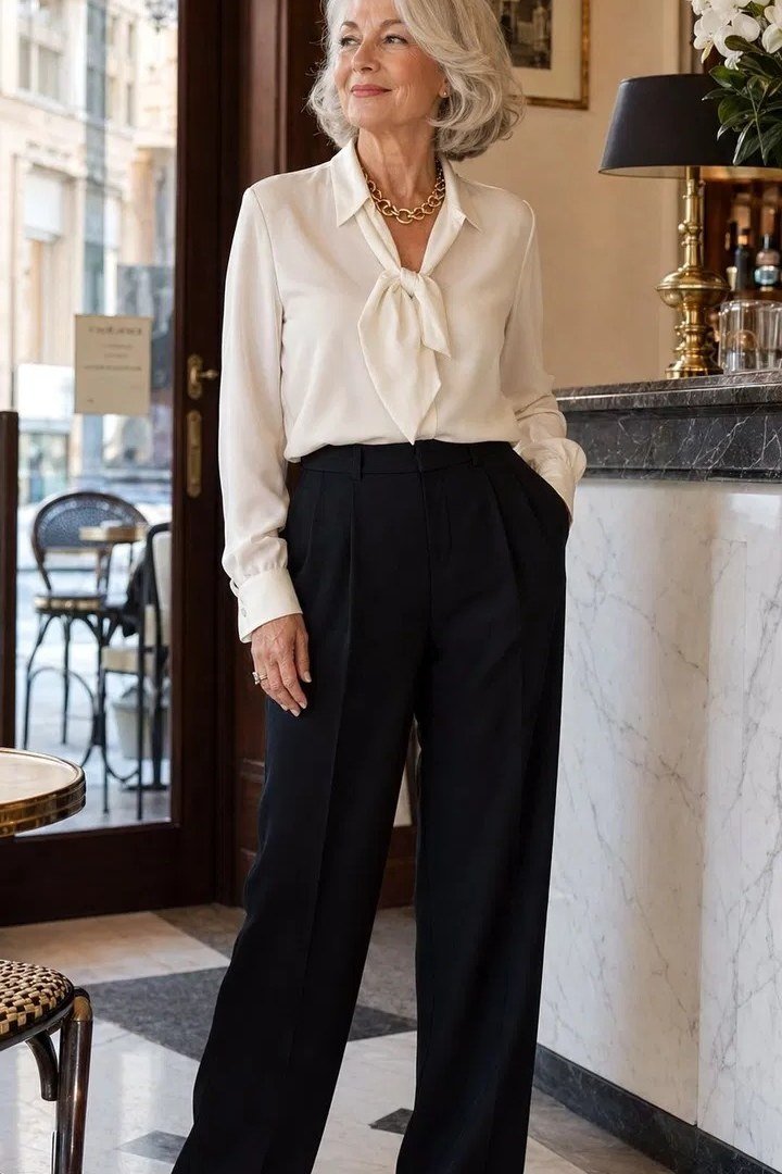 Gray-haired woman in white blouse with black wide-leg trousers