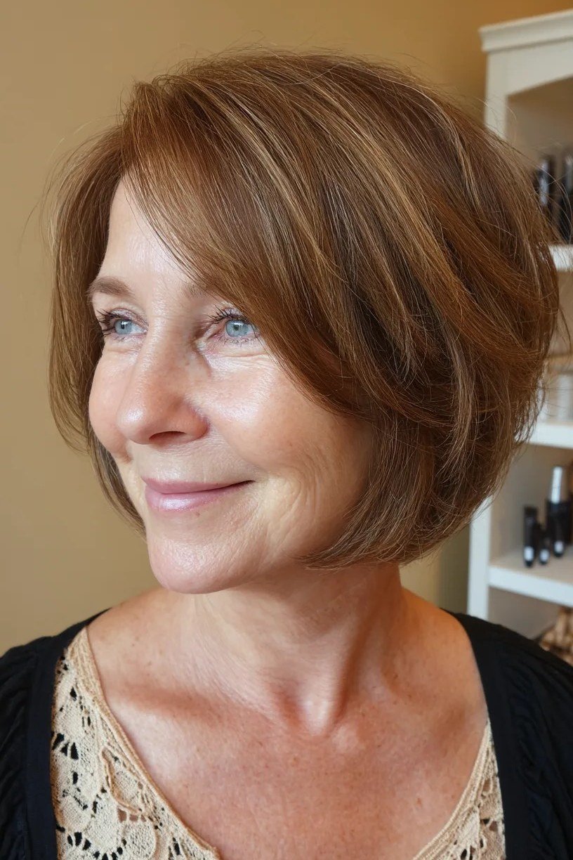 Chestnut Brown Bob - trendy layered bob hairstyle for women over 50