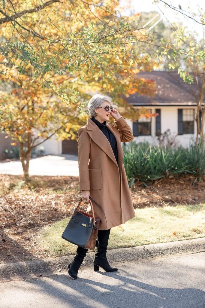 Long Camel Coat with Black Layers - fall outfit for women over 40