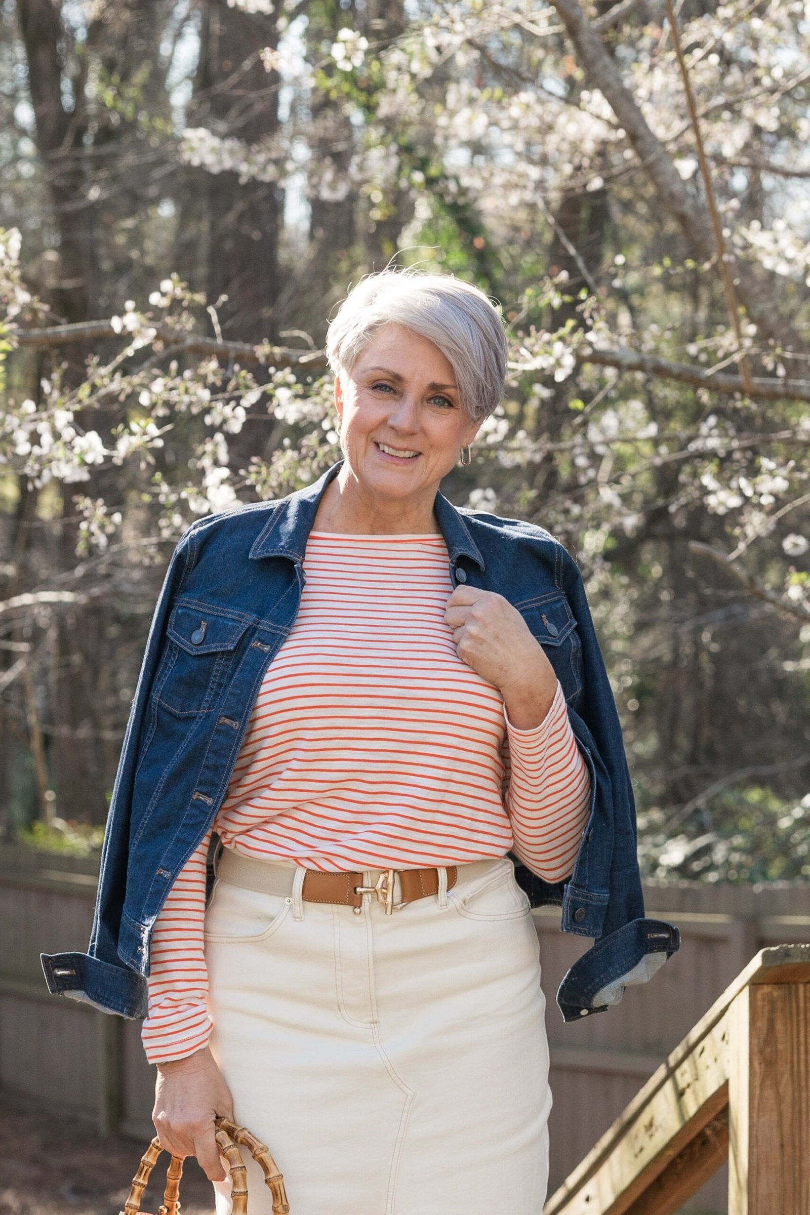 denim jacket striped top cream jeans over 50