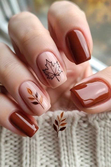 Cinnamon rust short nails with fine leaf line art accents, glossy cozy fall design.