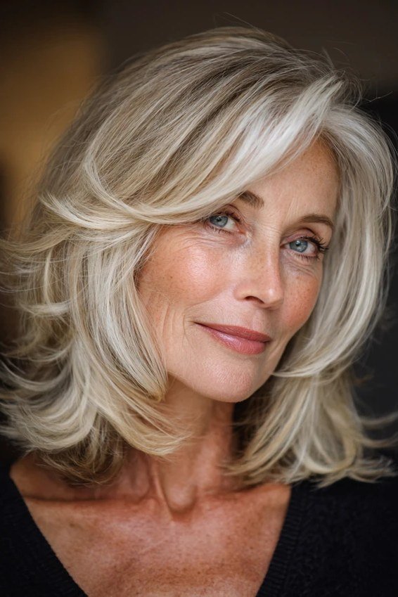 Polished metallic silver straight layered medium-length hairstyle, front side view, for women over 50