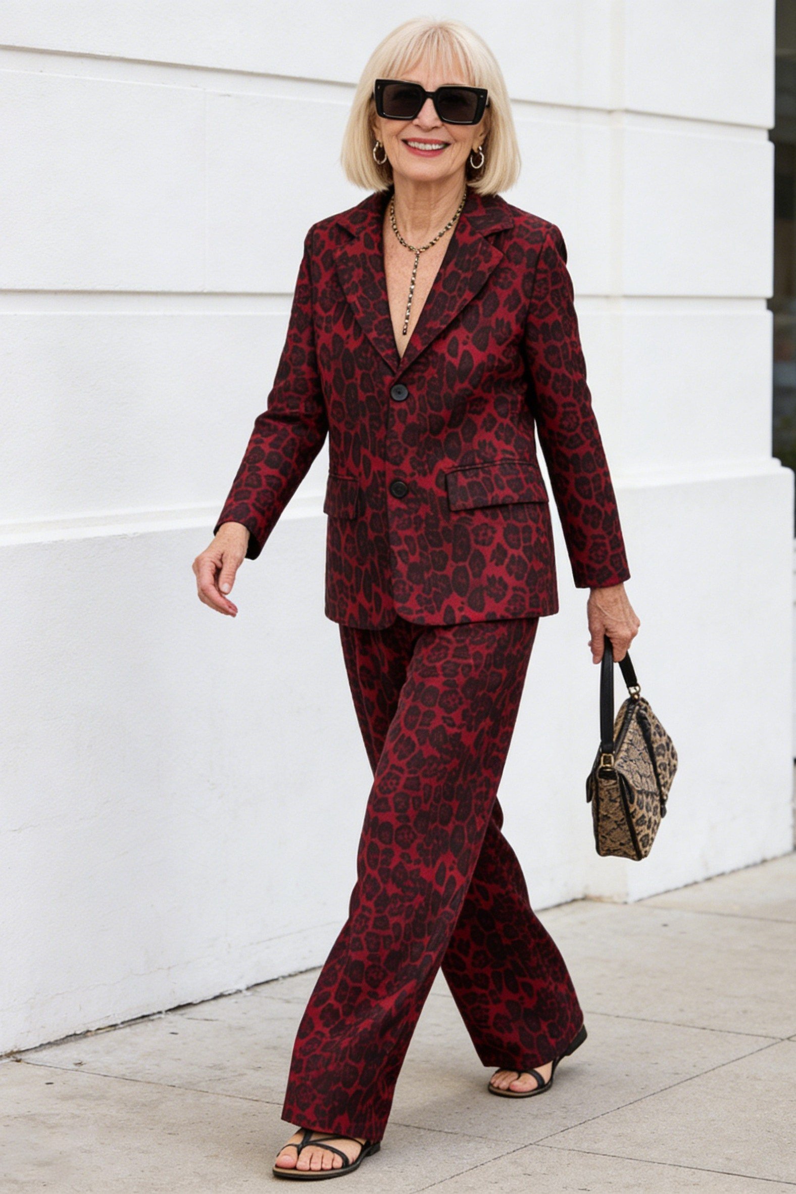 Burgundy Patterned Suit - business outfit for women over 50