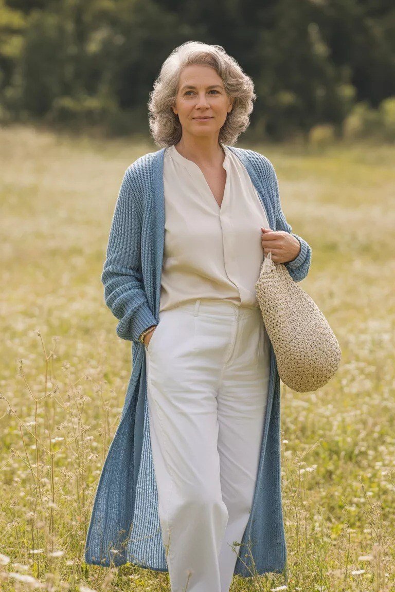 Pale-blue long cardigan over white top and white trousers in field, cozy sweater outfit idea for women over 70