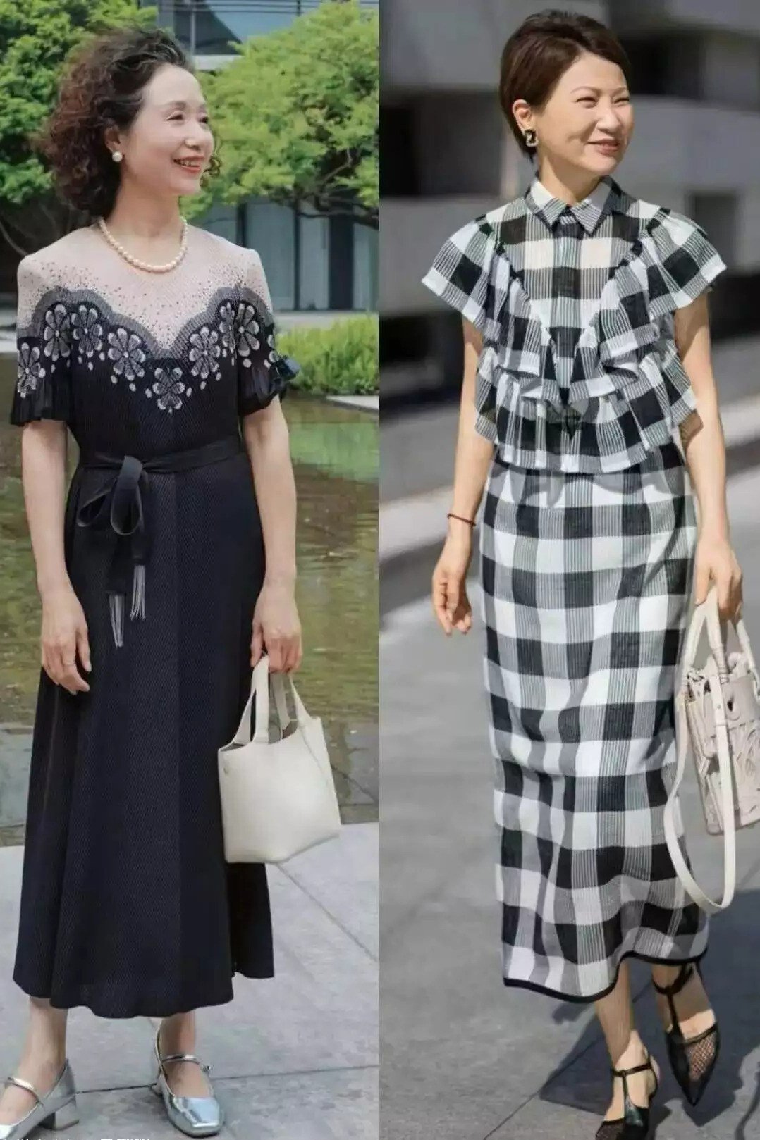 Two women, one in a black-and-white gingham dress and one in a navy embroidered dress, outdoors - summer dress for women over 50