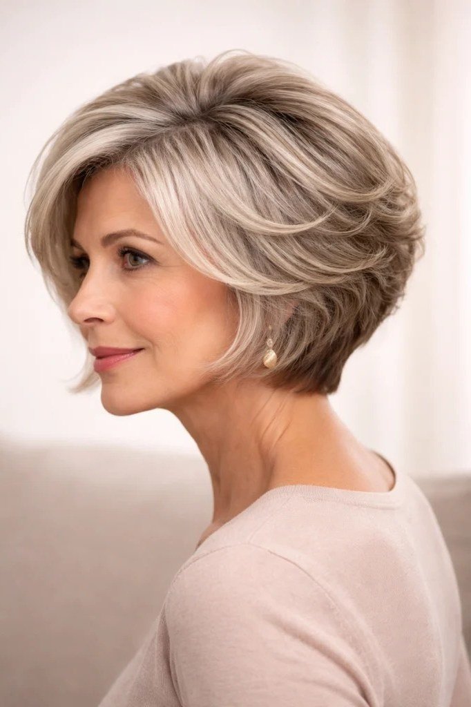 Blonde stacked bob side view, beige top, short layered bob hairstyle for women over 60