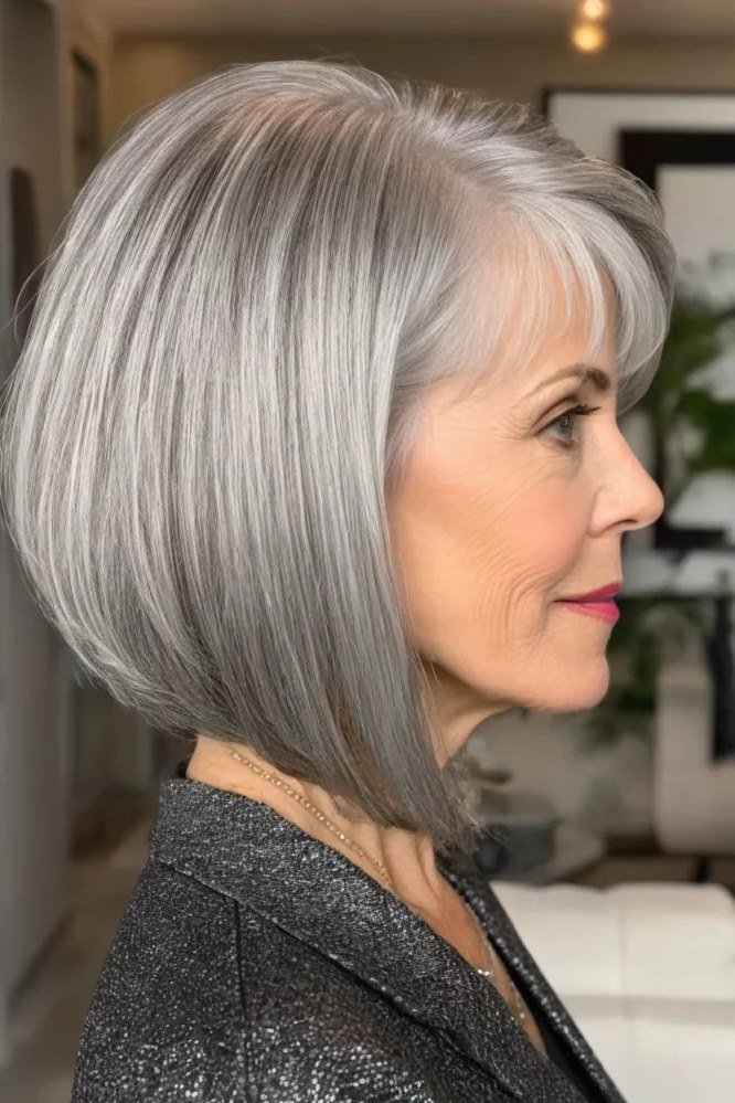 Inverted silver-grey french bob with stacked layers in side profile