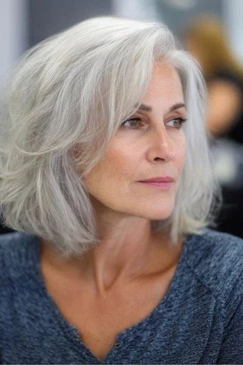 Silver Bob with Gentle Waves - grey shoulder length hairstyle for women over 60