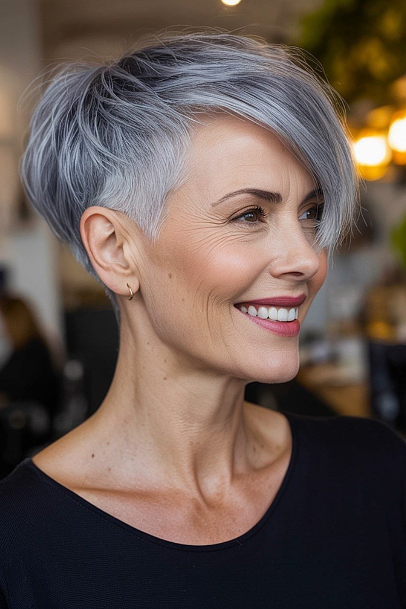 Smoky blue grey feathered pixie, side-swept fringe, three-quarter view for women over 60