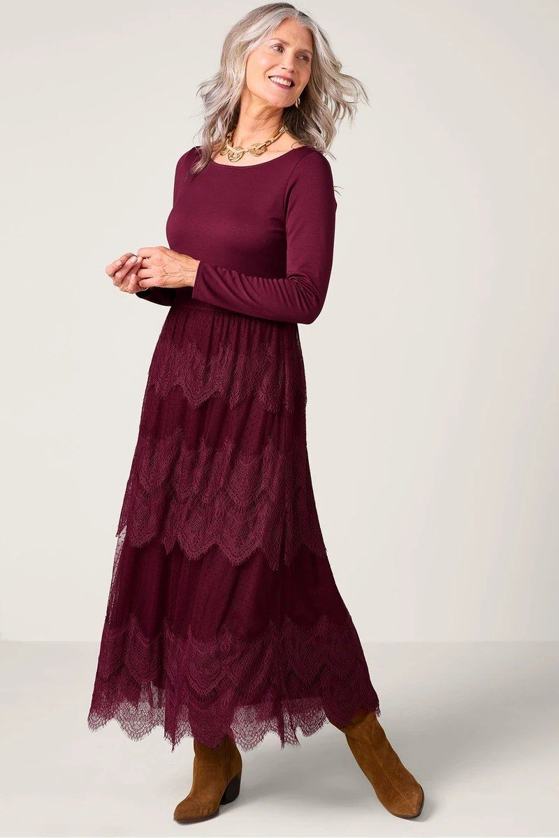 burgundy tiered midi dress with boots for women over 60