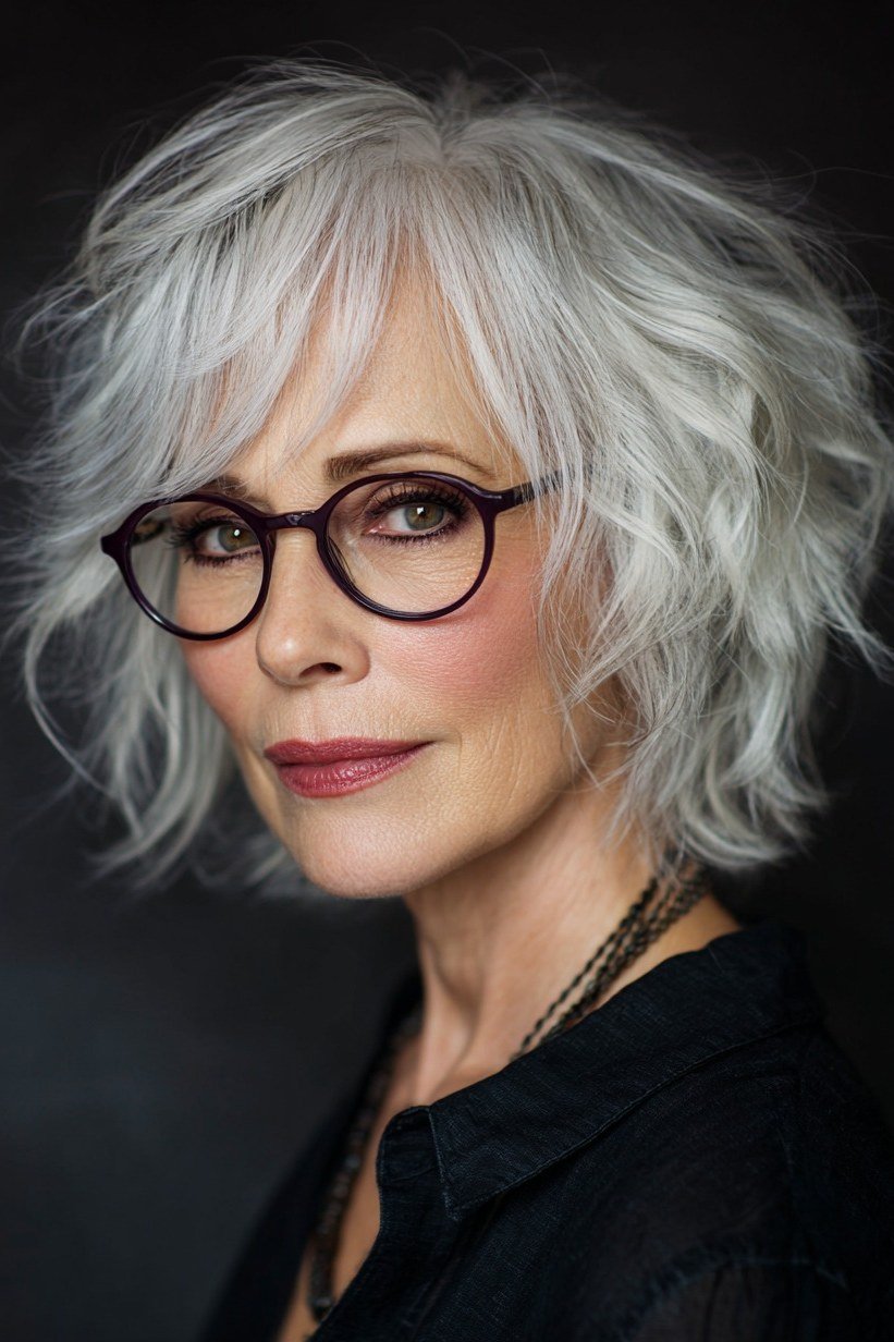 White shaggy bob with round glasses for women over 60
