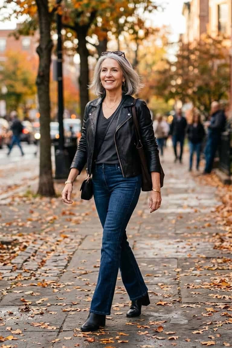 Black leather jacket over dark top with blue jeans on leafy street, woman over 50