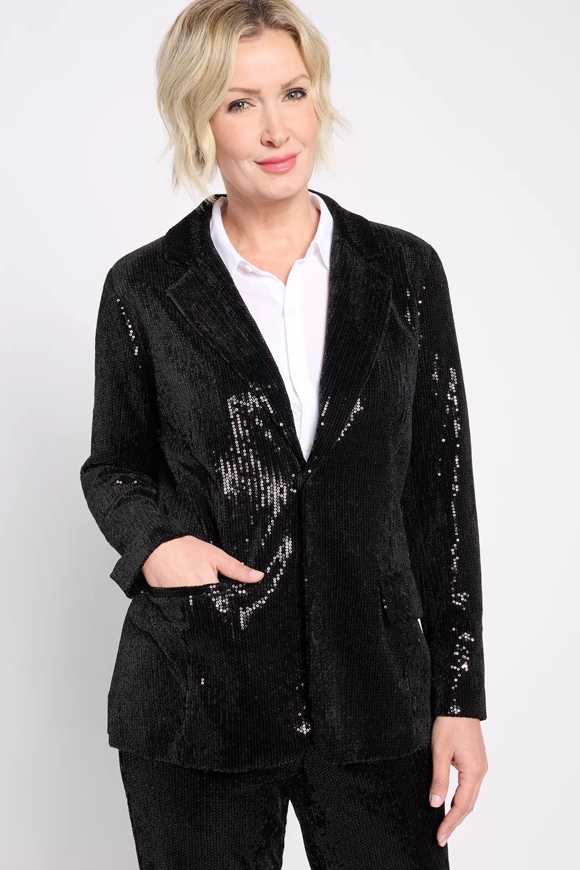 Black sequin blazer with white shirt for women over 50, fall date night outfit