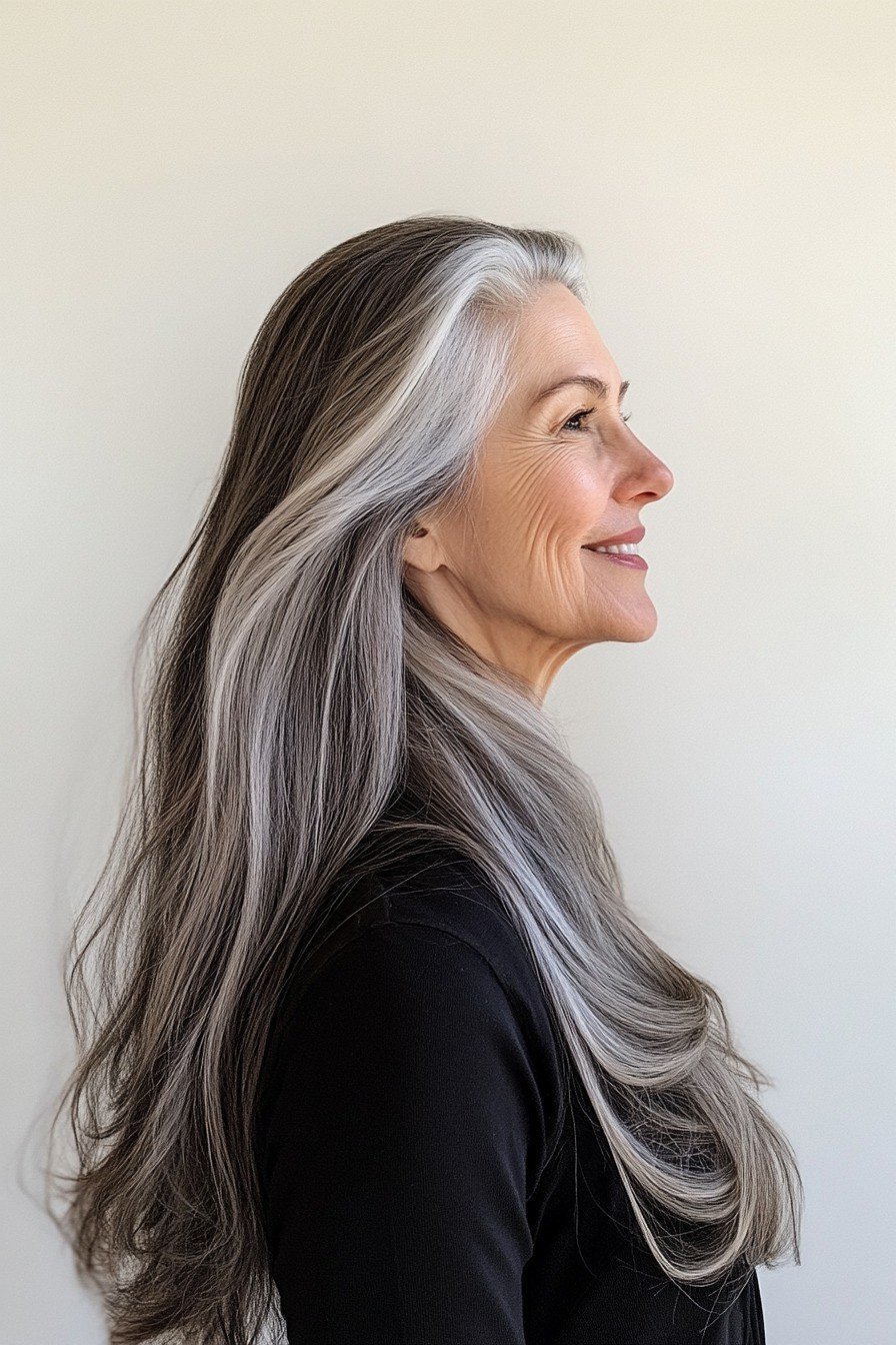 Silver long wavy hair, side view - wispy hairstyle for women over 40
