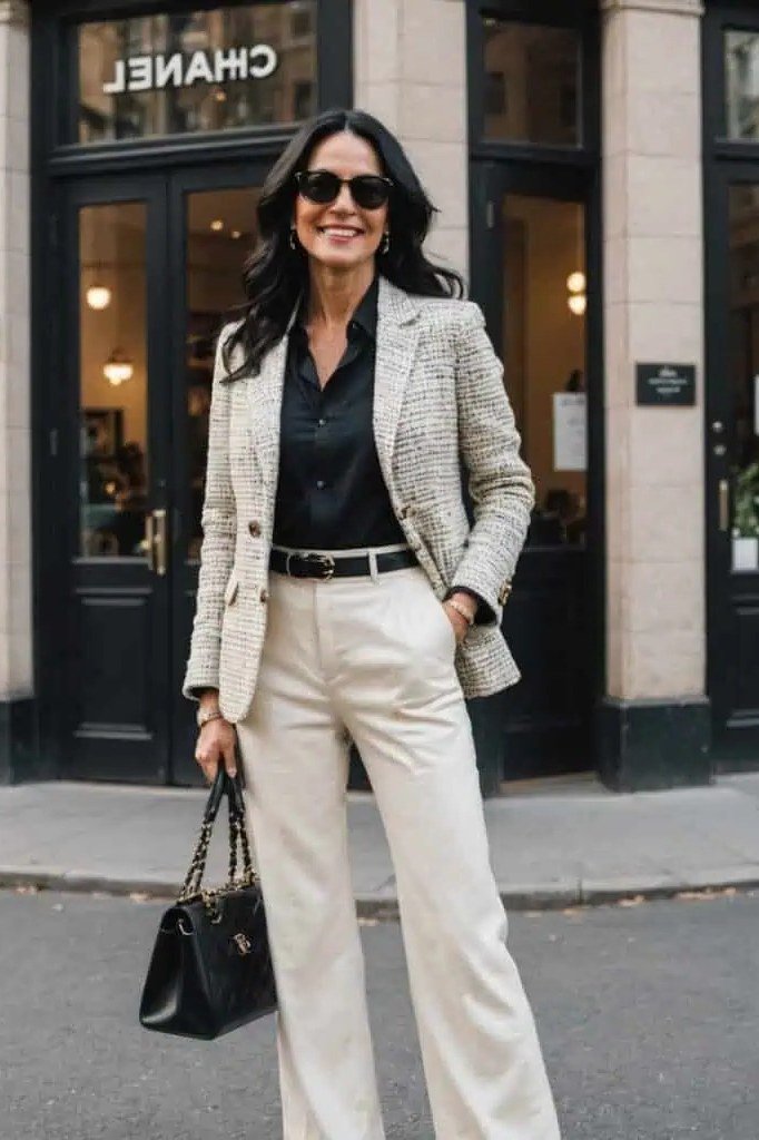 Tweed jacket black top cream trousers, dark-haired woman at storefront - business casual work outfit for women over 50