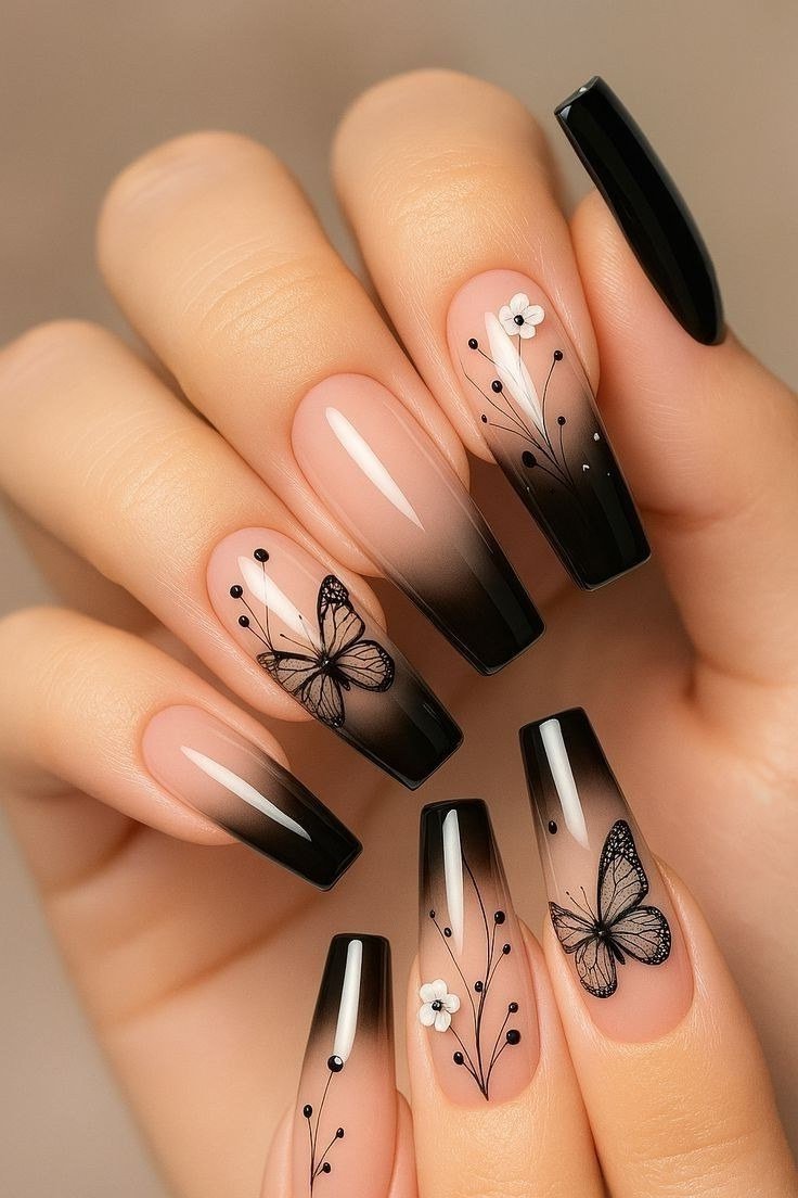 Black ombre with butterfly nail art, medium nails, ombre nail design for women over 60