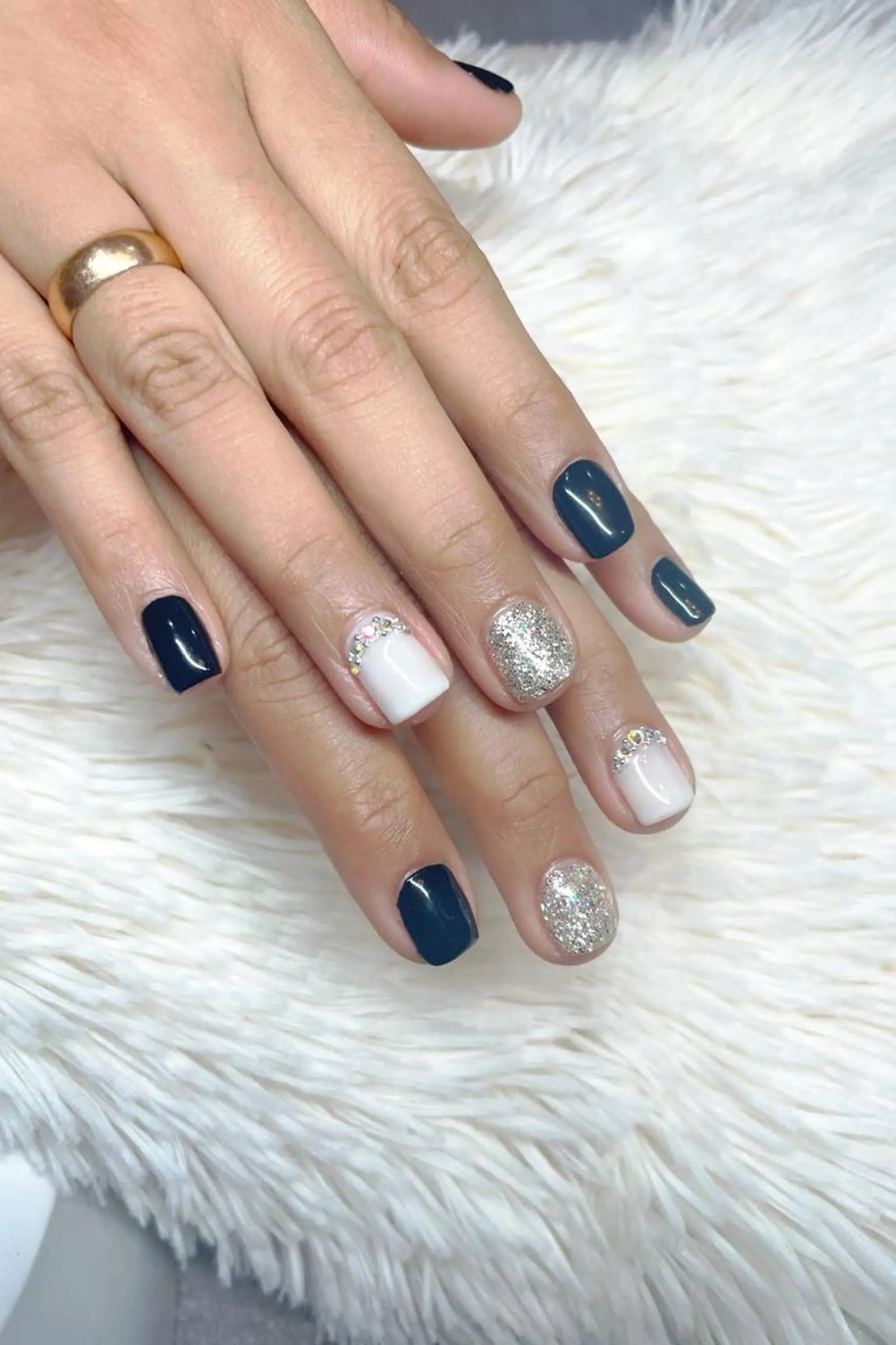 Navy white and silver mixed nail art
