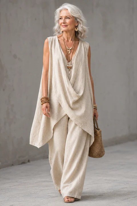 Cream Draped Vest Set outfit for women over 70, chic style idea 61