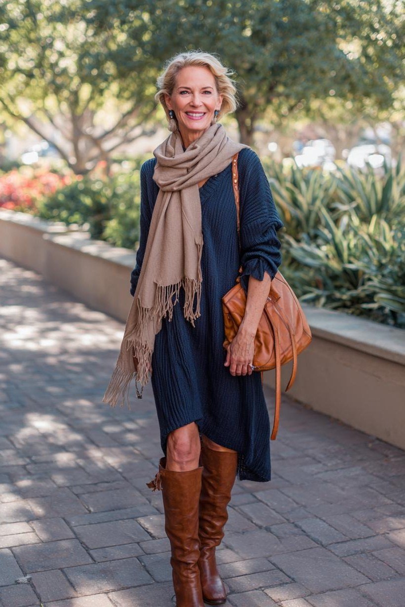 Navy knit dress with beige scarf and brown knee boots
