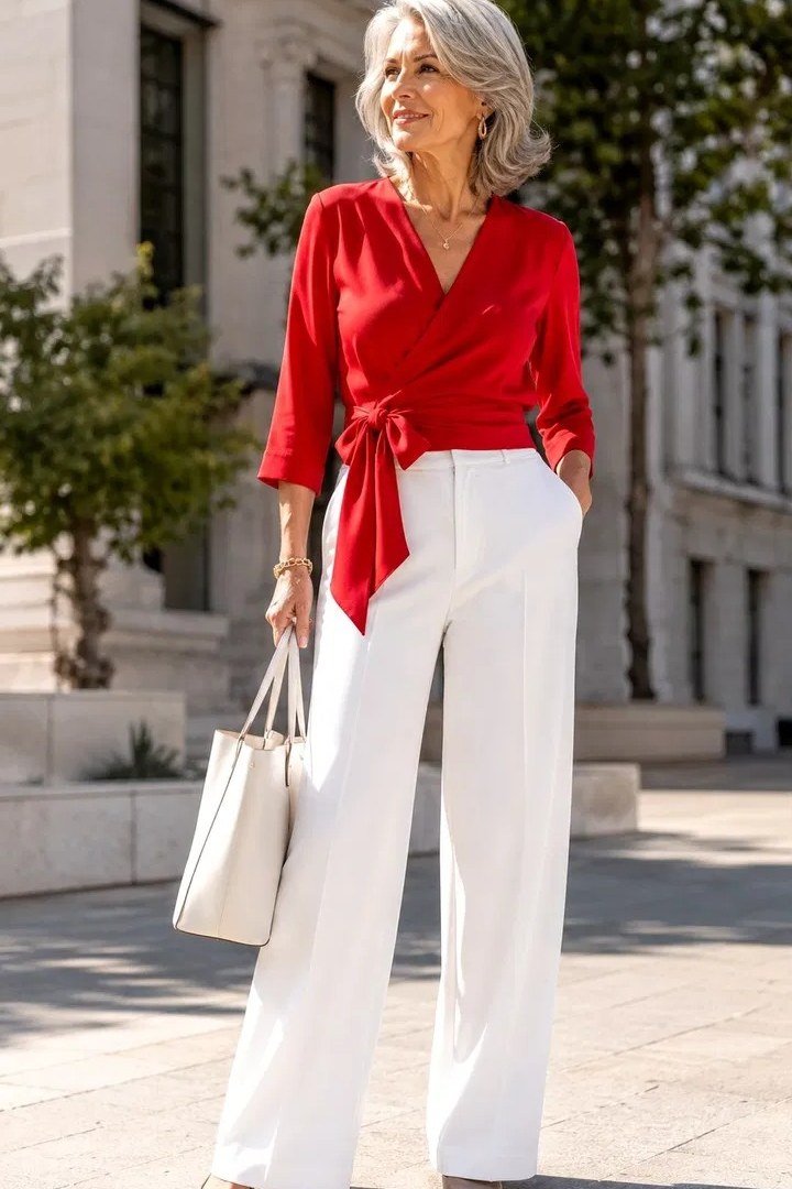 Red wrap top with white wide leg trousers on a street