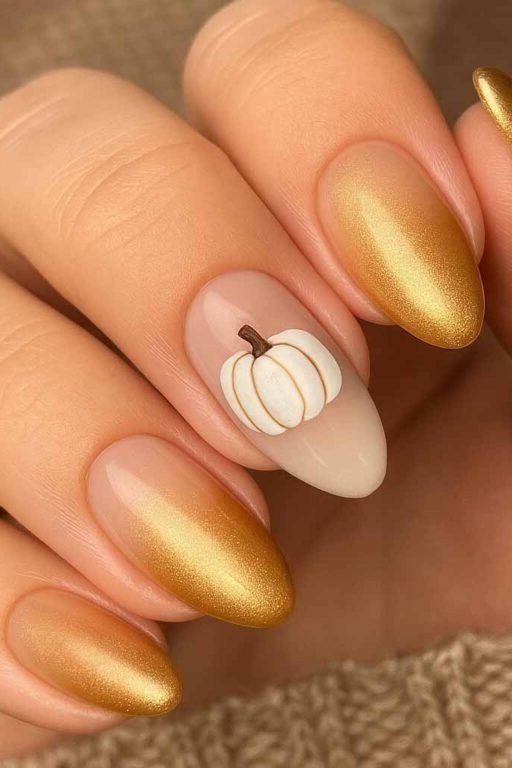 Gold chrome with white pumpkin art almond, elegant fall nail design for women over 40