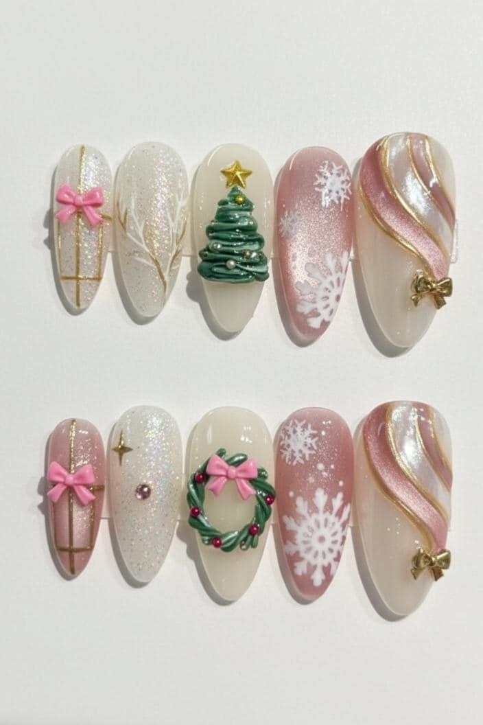 christmas tree and wreath press-on nail designs