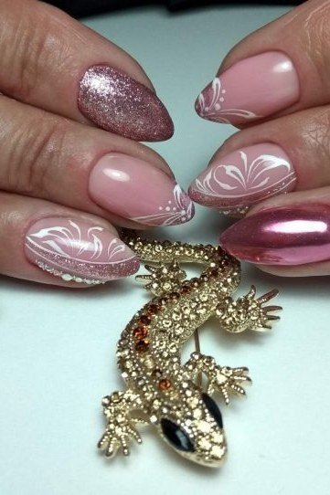 Pink chrome nails with white floral art, best manicure idea for women over 60