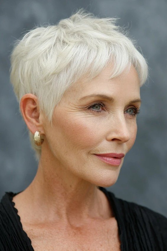 Fresh short white pixie for women over 70
