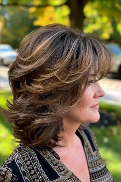 Brown-grey layered shoulder hair, side view, woman in her 60s