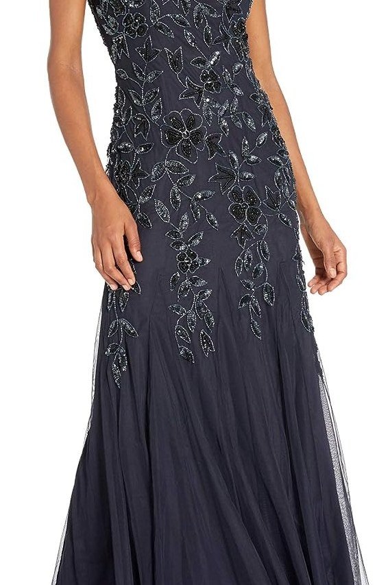 Navy Lace Floor Length Gown - flattering outfit idea for women over 50, how to dress better over 50