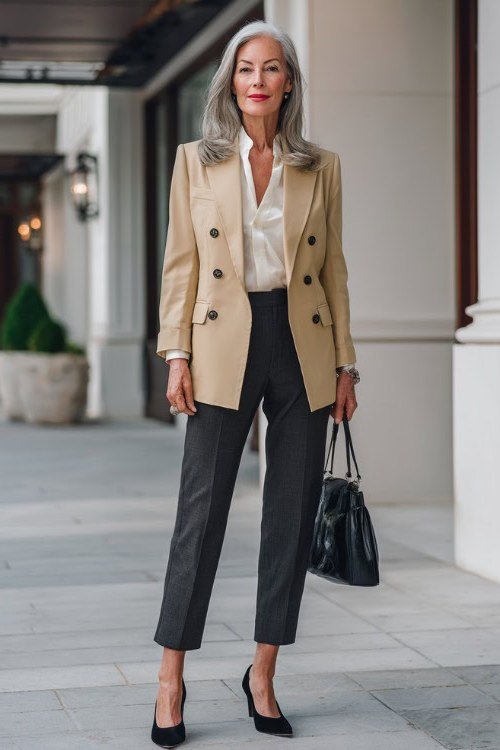 Camel double-breasted blazer with white shirt and dark trousers for women over 50