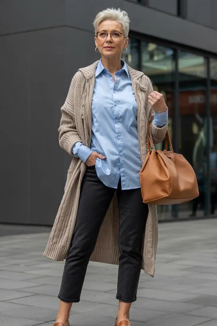 Chambray Shirt With a Long Camel Cardigan and Black Trousers, smart casual outfit for women over 50