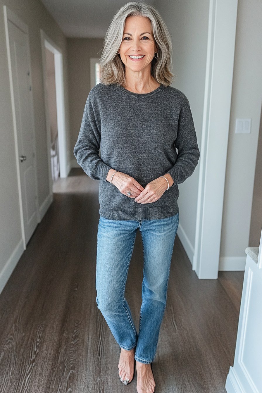 Easy casual outfit idea for women over 50: gray sweater and skinny jeans, older woman everyday style