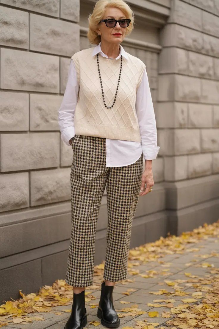 cream sweater vest and houndstooth trousers fall outfit for women over 60