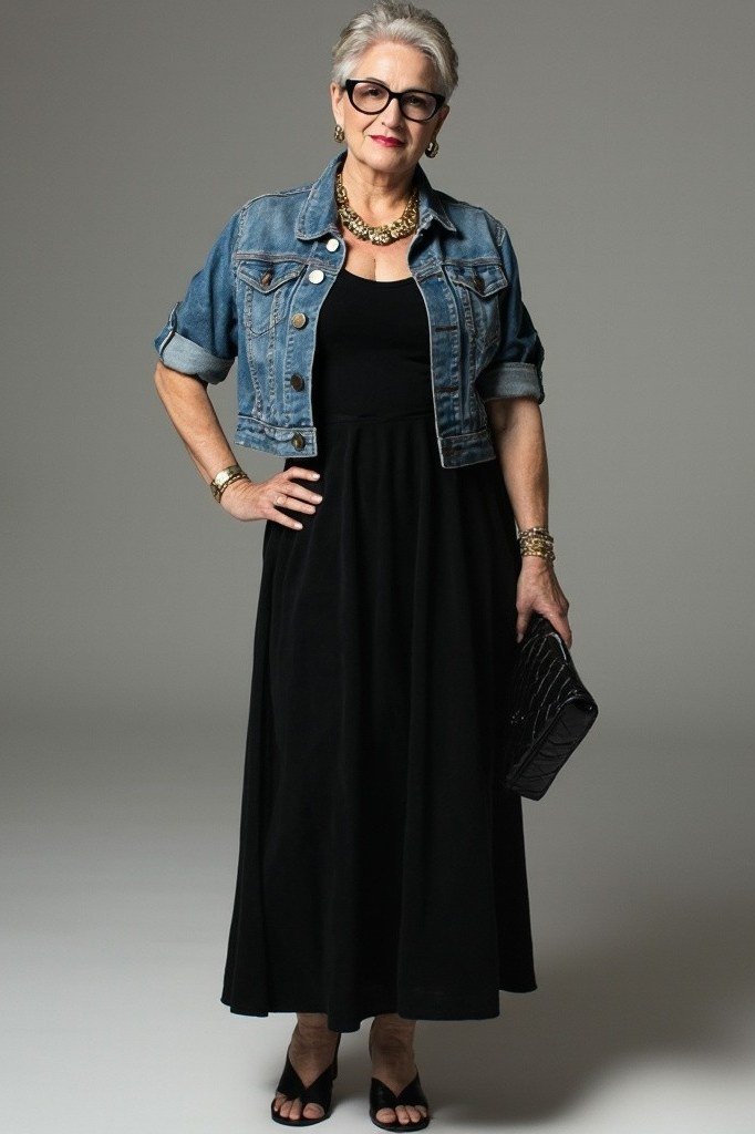 Black maxi dress with denim jacket for women over 50