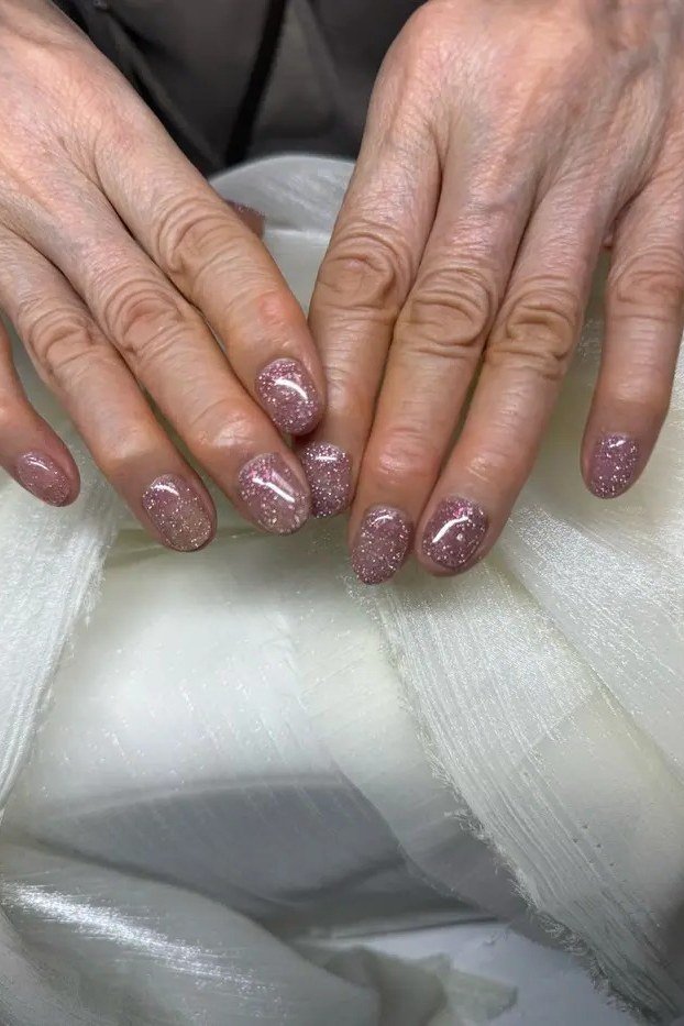 Rose Glitter Short Nails - rose glitter short mature hands, glitter winter nail design for women over 60