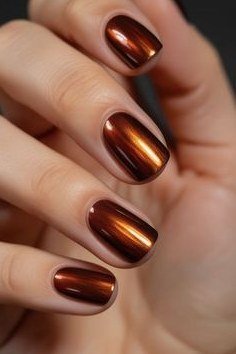 Glossy Copper Chrome Almond Nails, chocolate brown fall nail design for women over 60