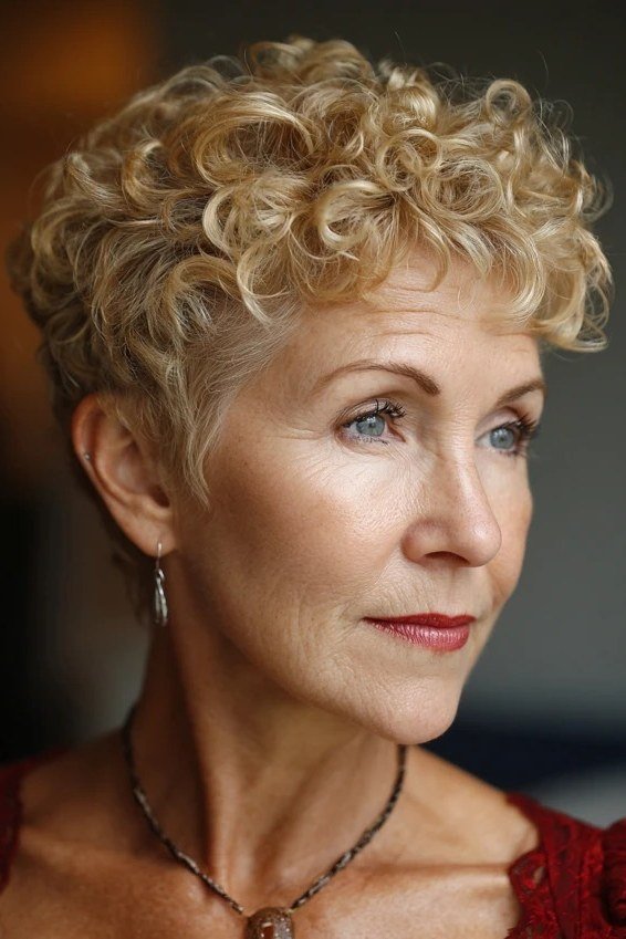 Blonde tight curly bixie haircut front view for women over 60