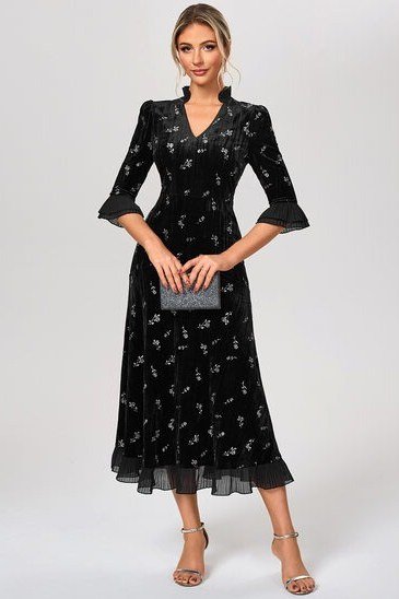 black velvet midi with floral print, elegant cocktail dress for women over 60