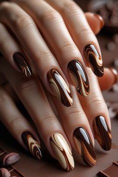 Tortoise Shell Swirl Almond Nails - brown nail idea for women over 50