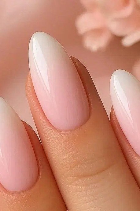 pink white baby boomer ombre on long almond nails