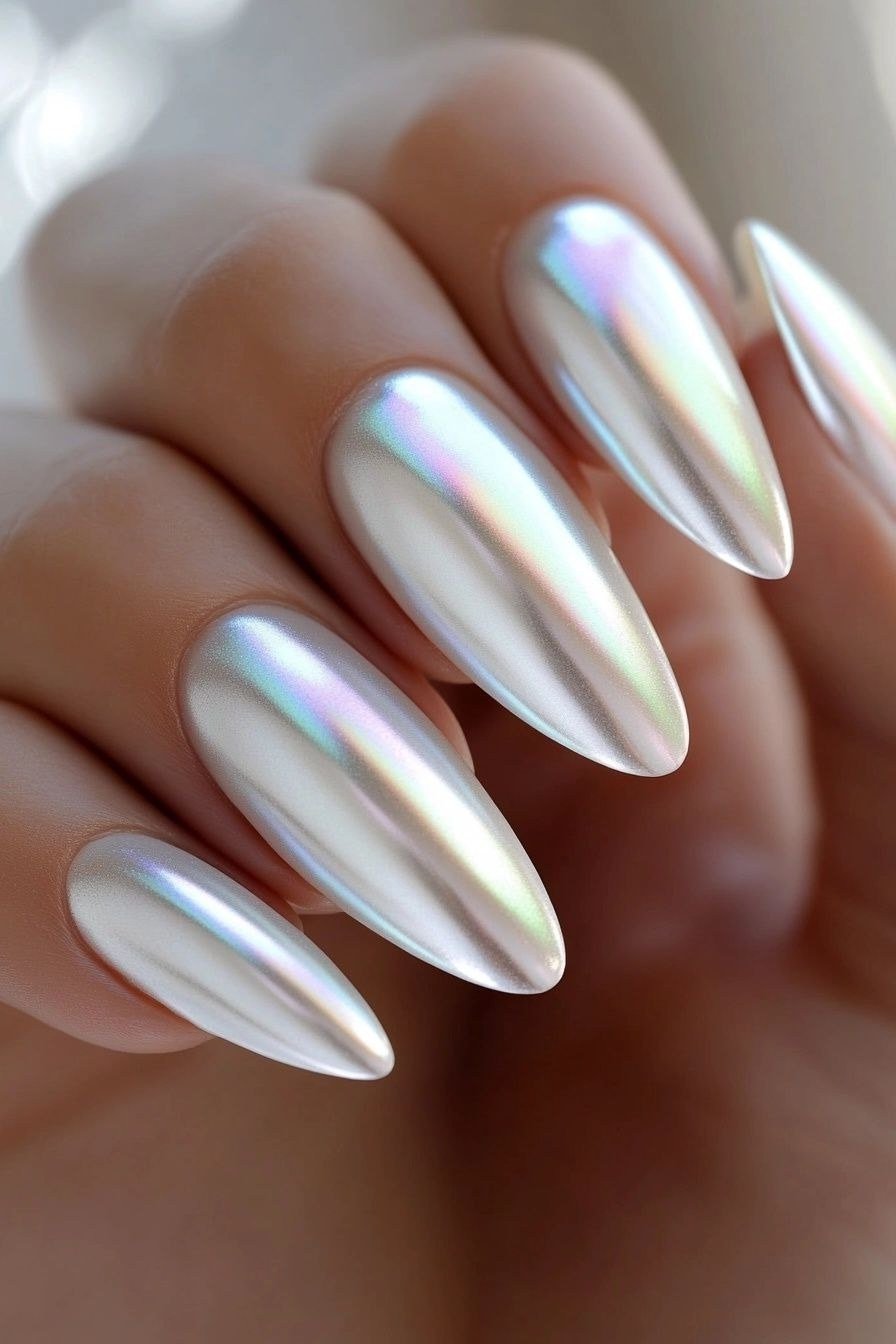 Silver Holographic Chrome Close-Up - chrome nail designs for women over 60