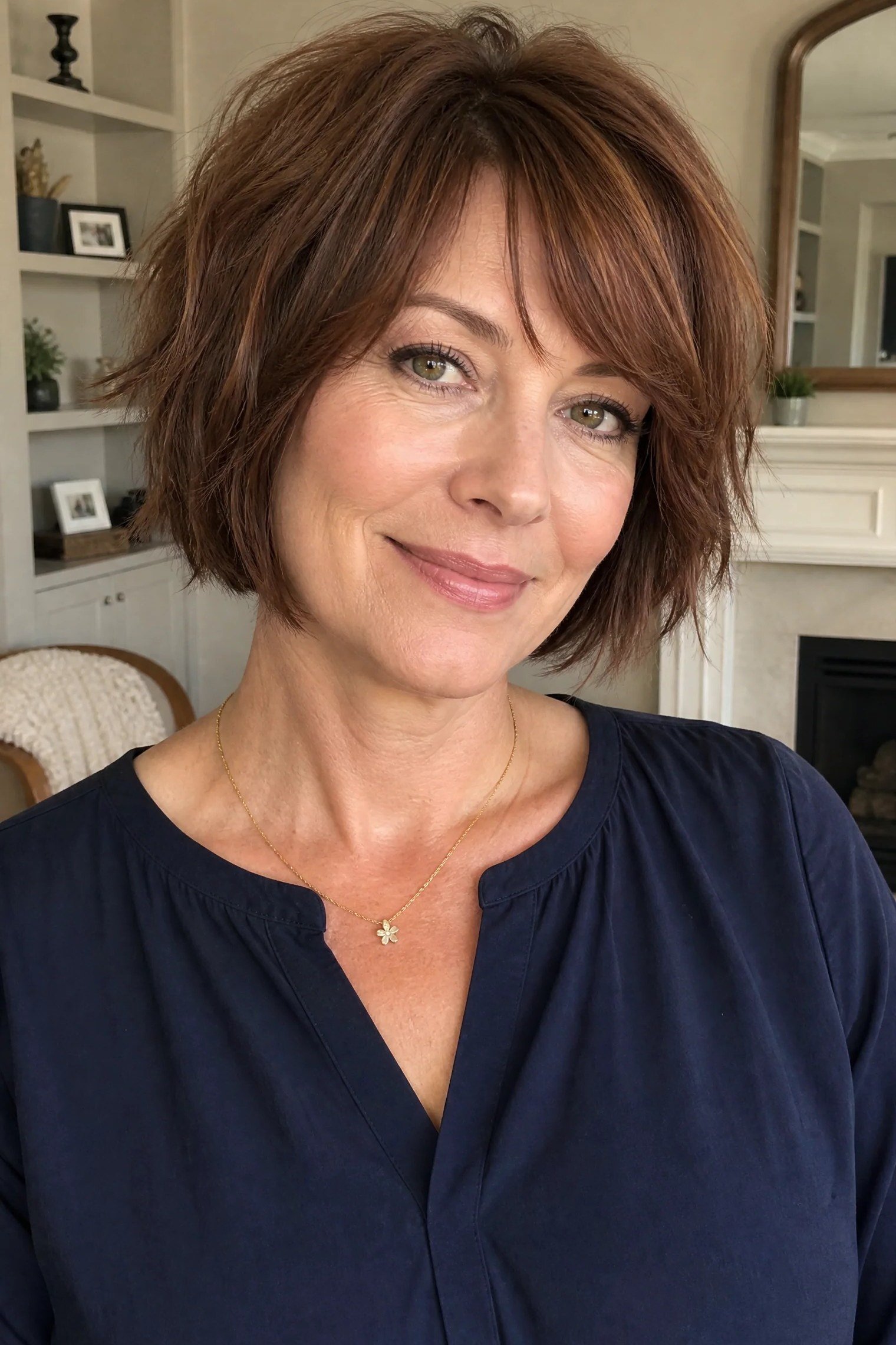 Layered Brown Shaggy Bob with Bangs - medium shag haircut for women over 40