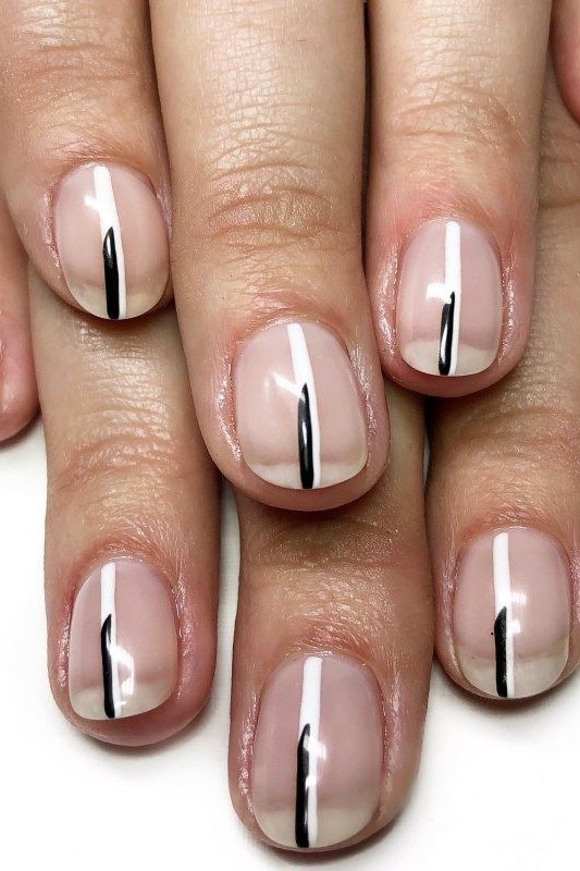 White and Black Vertical Stripe Art - short nail design for women over 60 that makes nails look longer